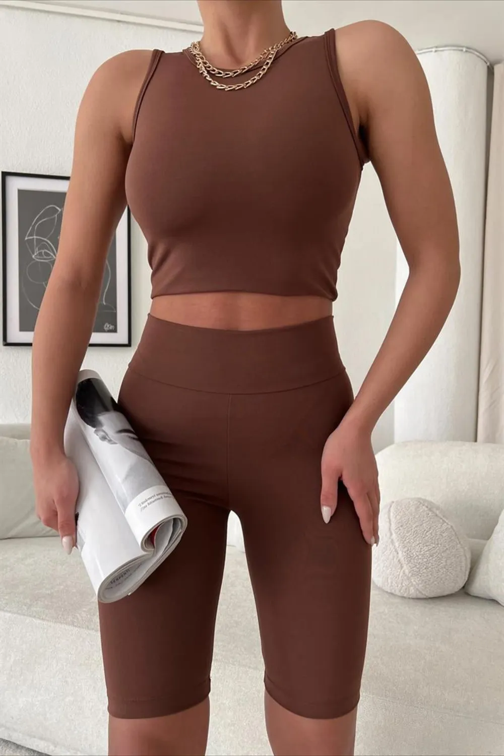 Yüksek Bel Biker Tayt Kahve