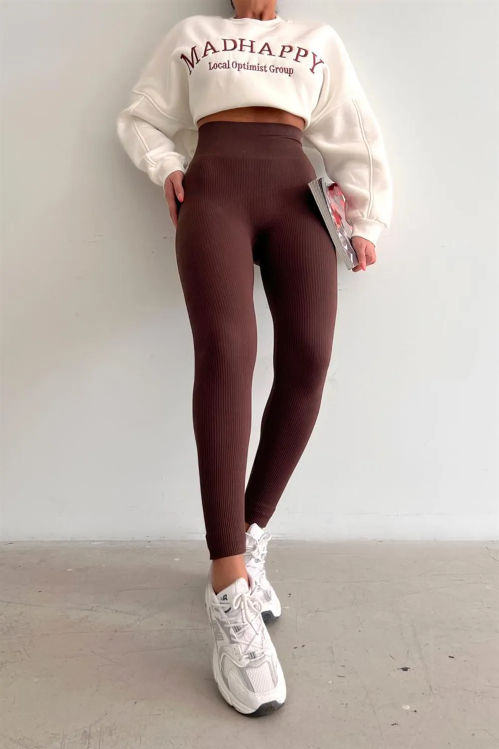 Yüksek Bel Fitilli Tayt Kahve