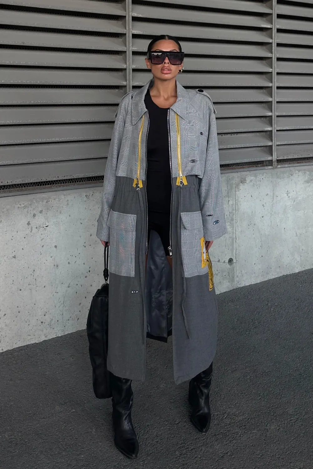 Baskılı Ekose Trençkot Gri