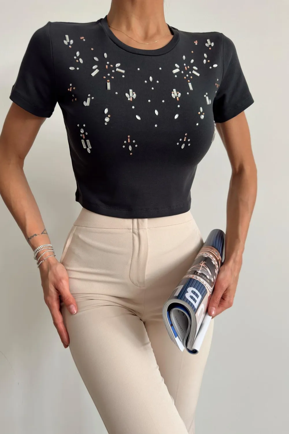 Taşlı Crop Tshirt Antrasit