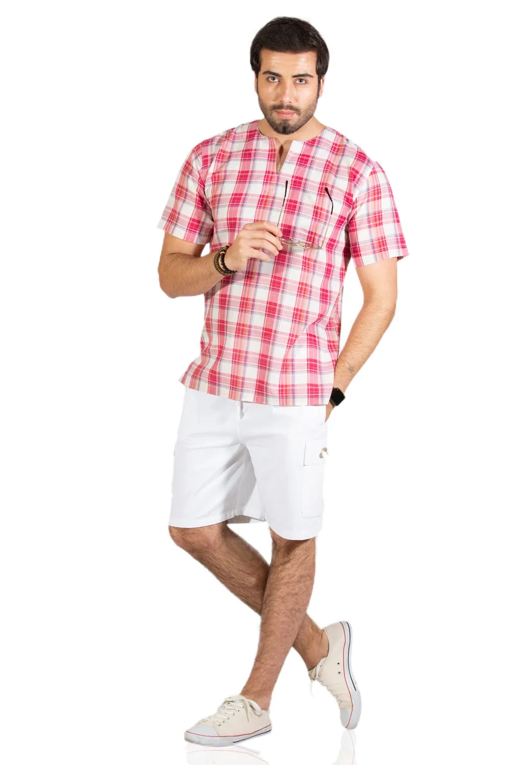 Kısa Kol Şile Bezi Bisiklet Yaka Erkek Yazlık Tshirt Kırmızı Krem Ekose 3038