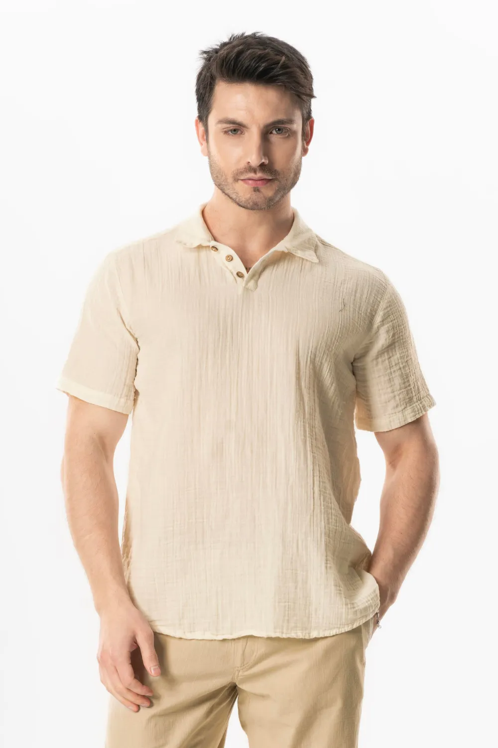 Kısa Kol Polo Yaka Müslin Yazlık Tshirt Bej Bej