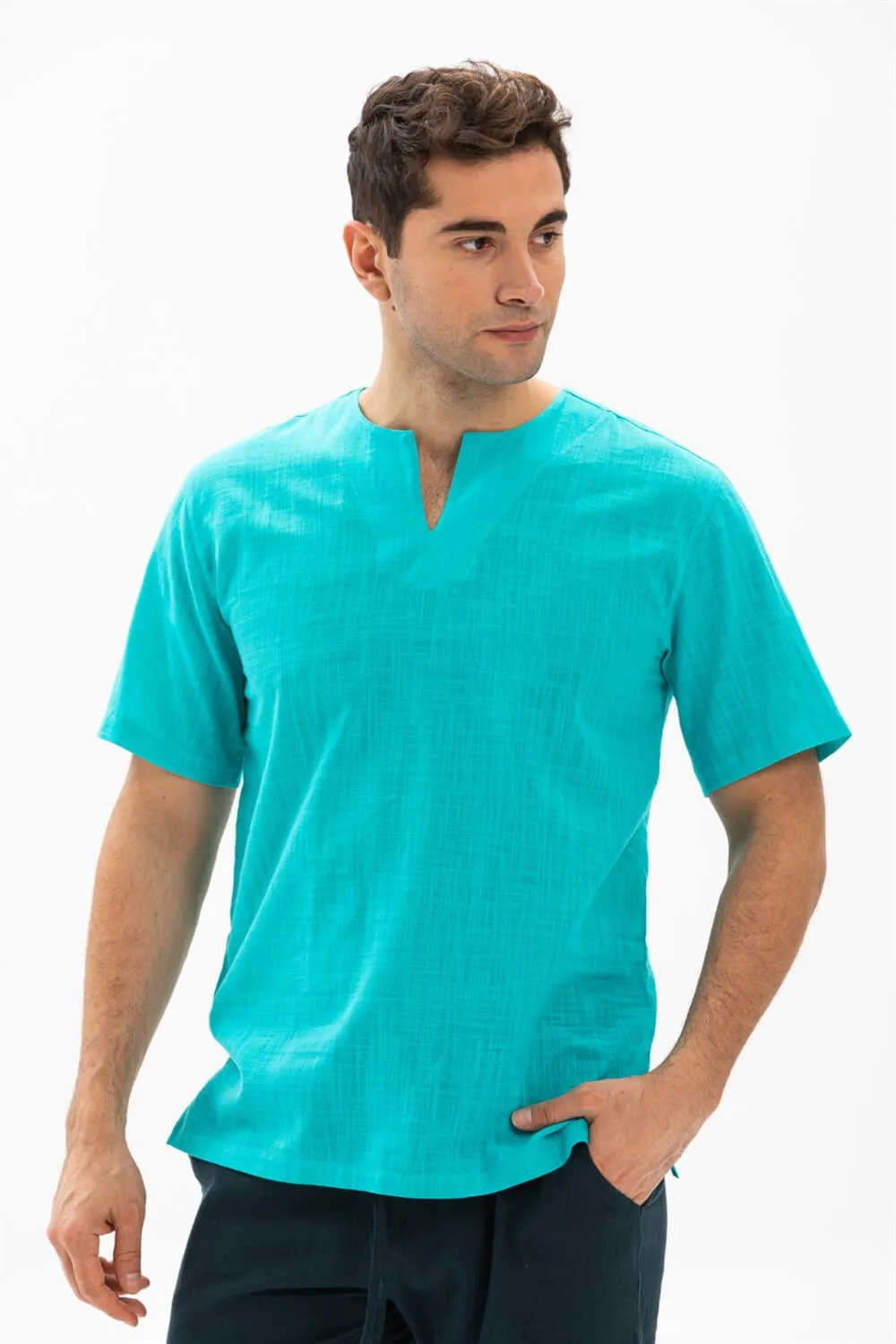 Kısa Kol Şile Bezi Bisiklet Yaka Erkek Yazlık Tshirt Turkuaz 3054