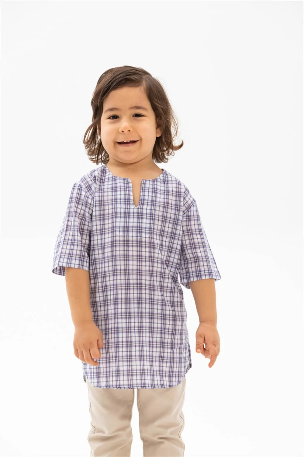 Kısa Kol Şile Bezi Bisiklet Yaka Yazlık Erkek Çocuk Tshirt Mor Kareli 3035