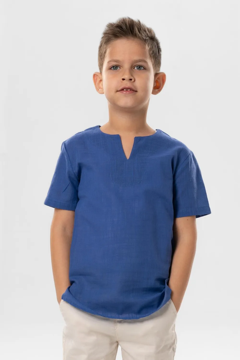 Kısa Kol Şile Bezi Bisiklet Yaka Yazlık Erkek Çocuk Tshirt Saks 3050