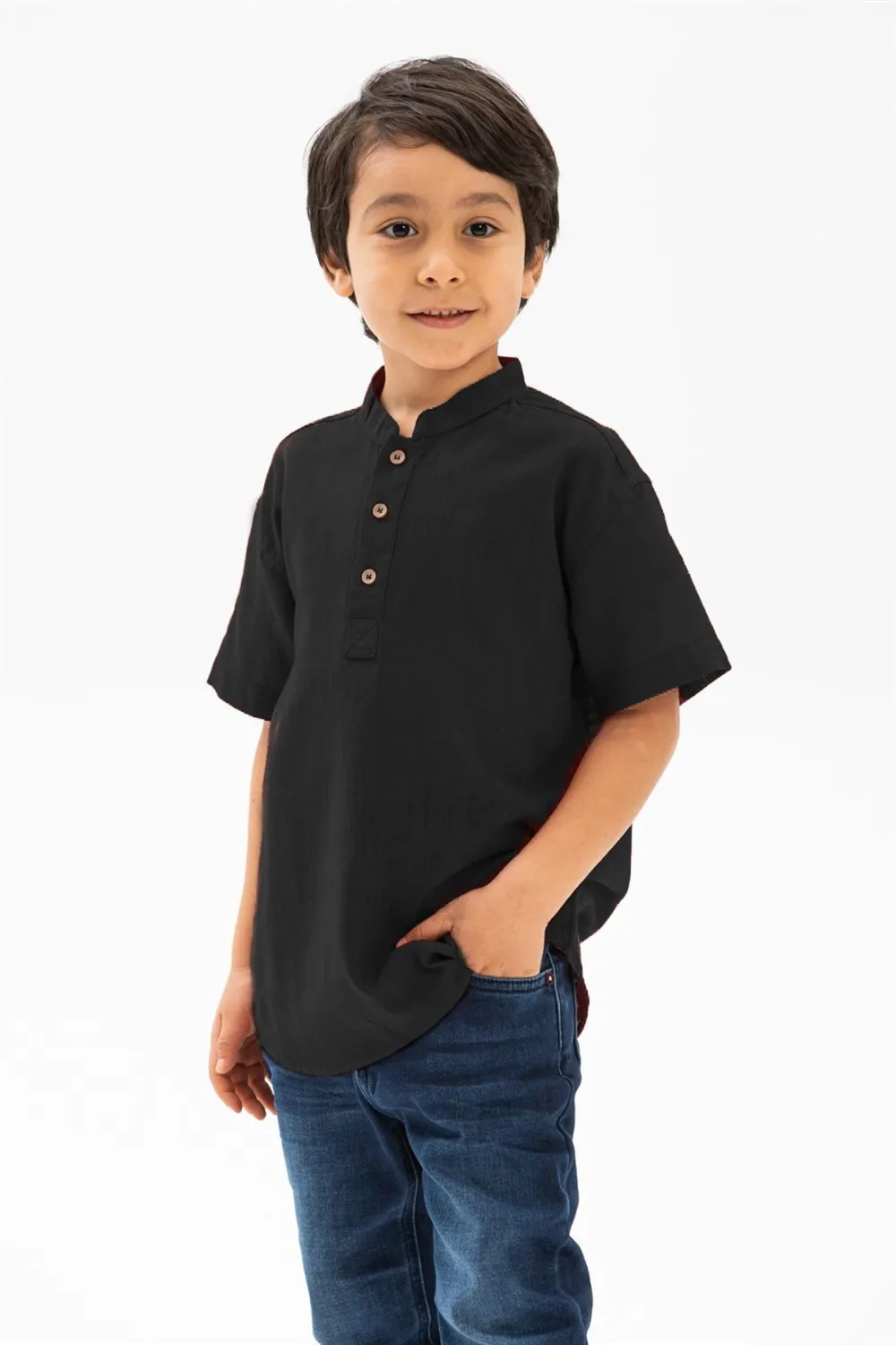 Kısa Kol Şantuklu Pamuk Bodrum Yazlık Erkek Çocuk Tshirt Siyah 3003