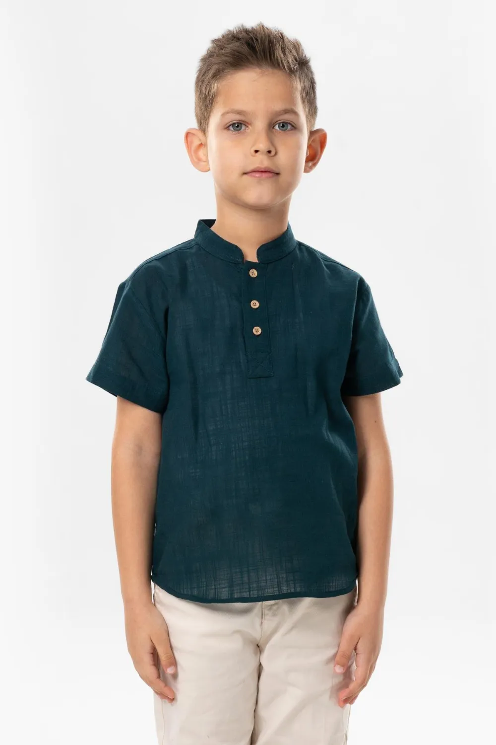 Kısa Kol Şantuklu Pamuk Bodrum Yazlık Erkek Çocuk Tshirt Koyu Petrol 3069