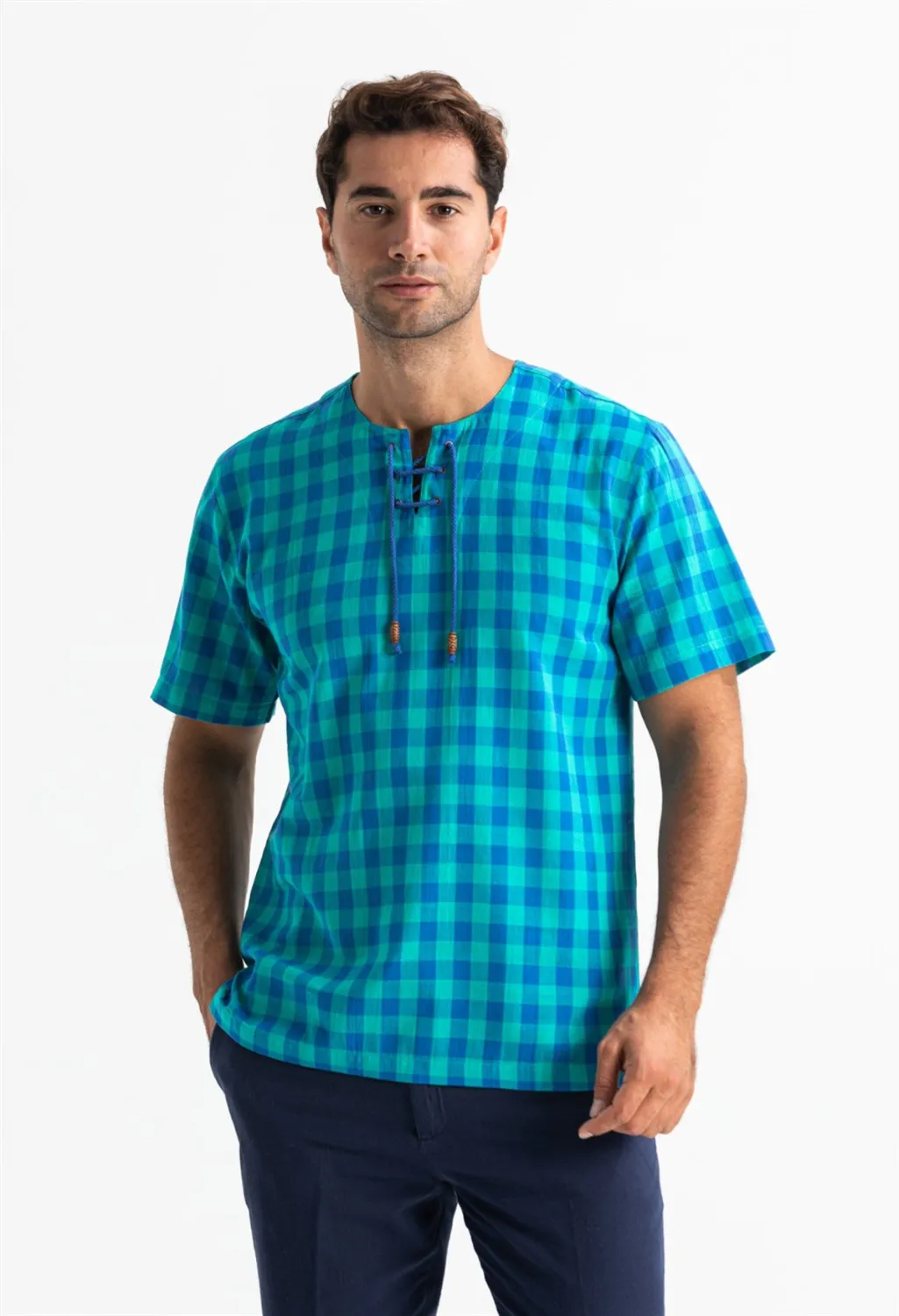 Kısa Kol Şile Bezi Zımbalı Erkek Yazlık Tshirt Mint Kareli 3033
