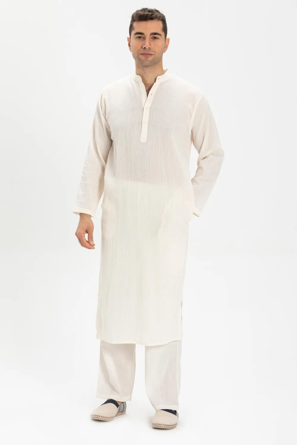 Uzun Kol Şile Bezi Erkek Hac ve Umre Elbisesi Krem Krm