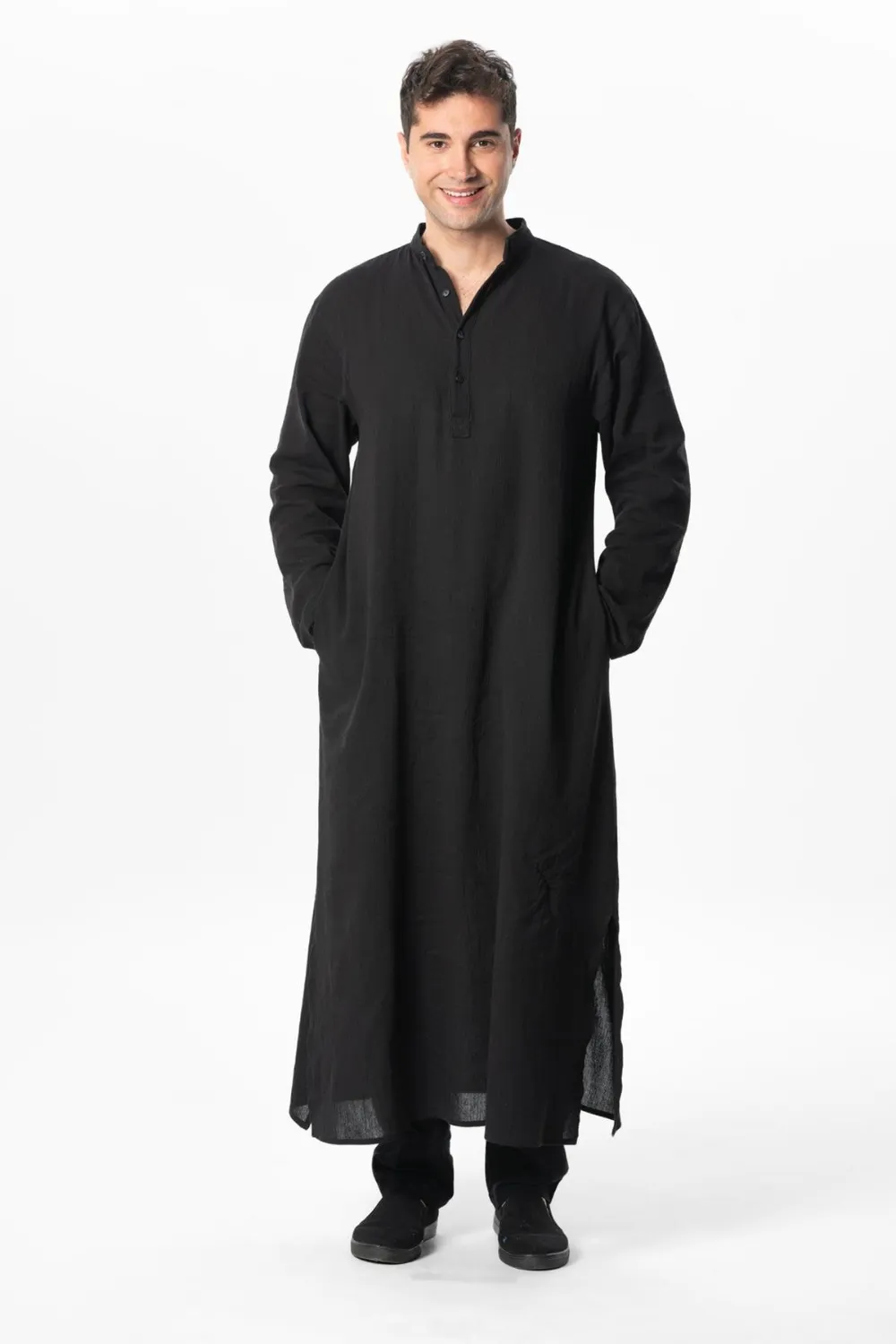 Uzun Kol Şile Bezi Erkek Hac ve Umre Elbisesi Siyah Syh