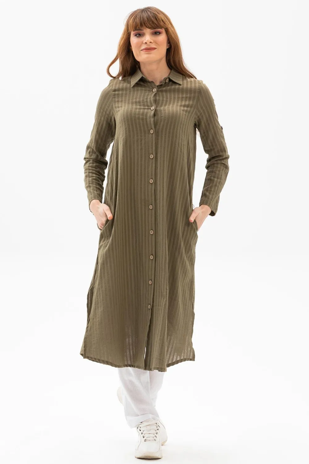 Uzun Kol Yakalı Gofre Mevsimlik ve Yazlık Tunik Haki 9008