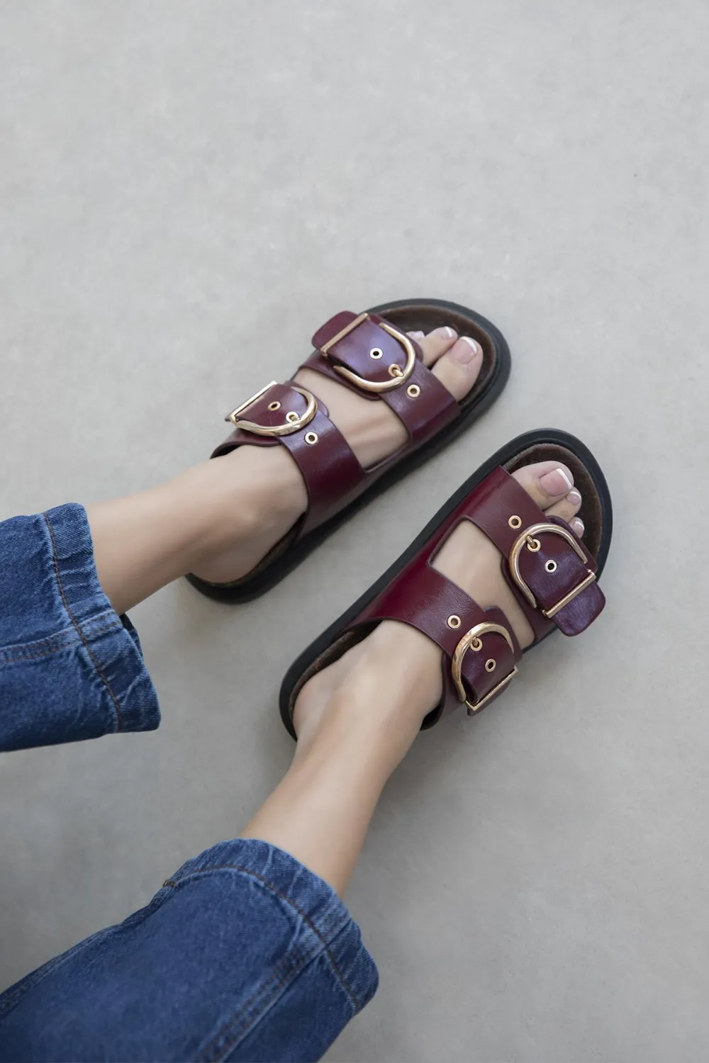 Zowie  Kadın  Toka  Detay  Günlük Konfor  Deri Terlik Bordo