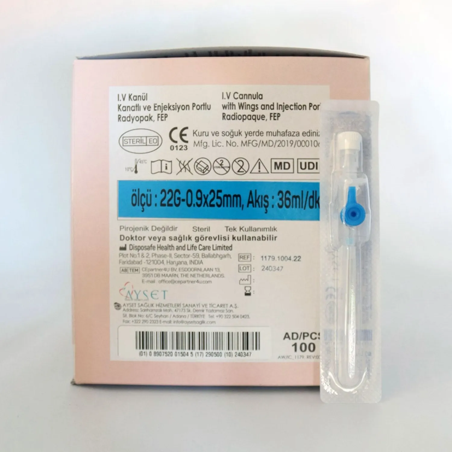 Ayset Branül (İntraket) Mavİ (22G) 100'lü Paket