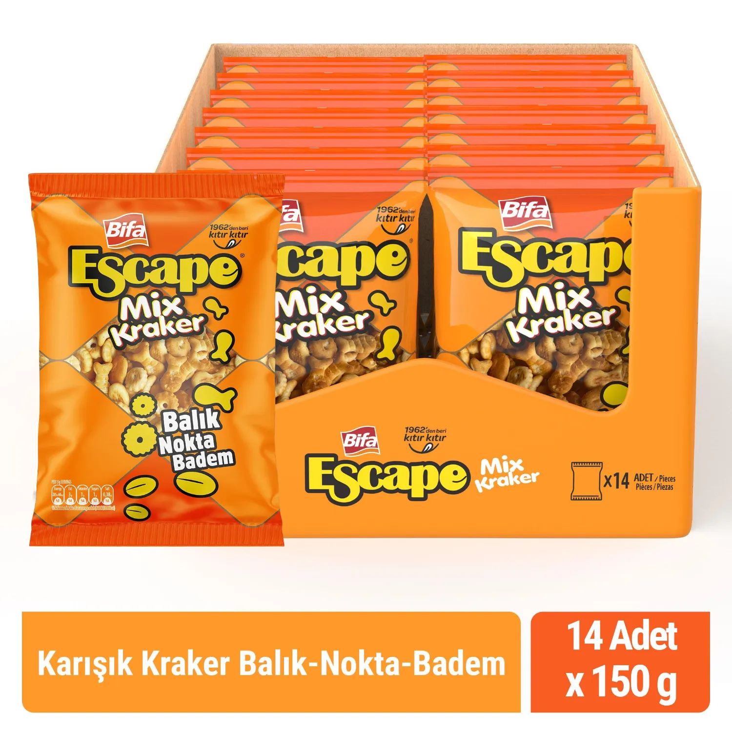 Bifa Escape Mix Kraker - Balık - Nokta - Badem 150 gr x 14 Adet