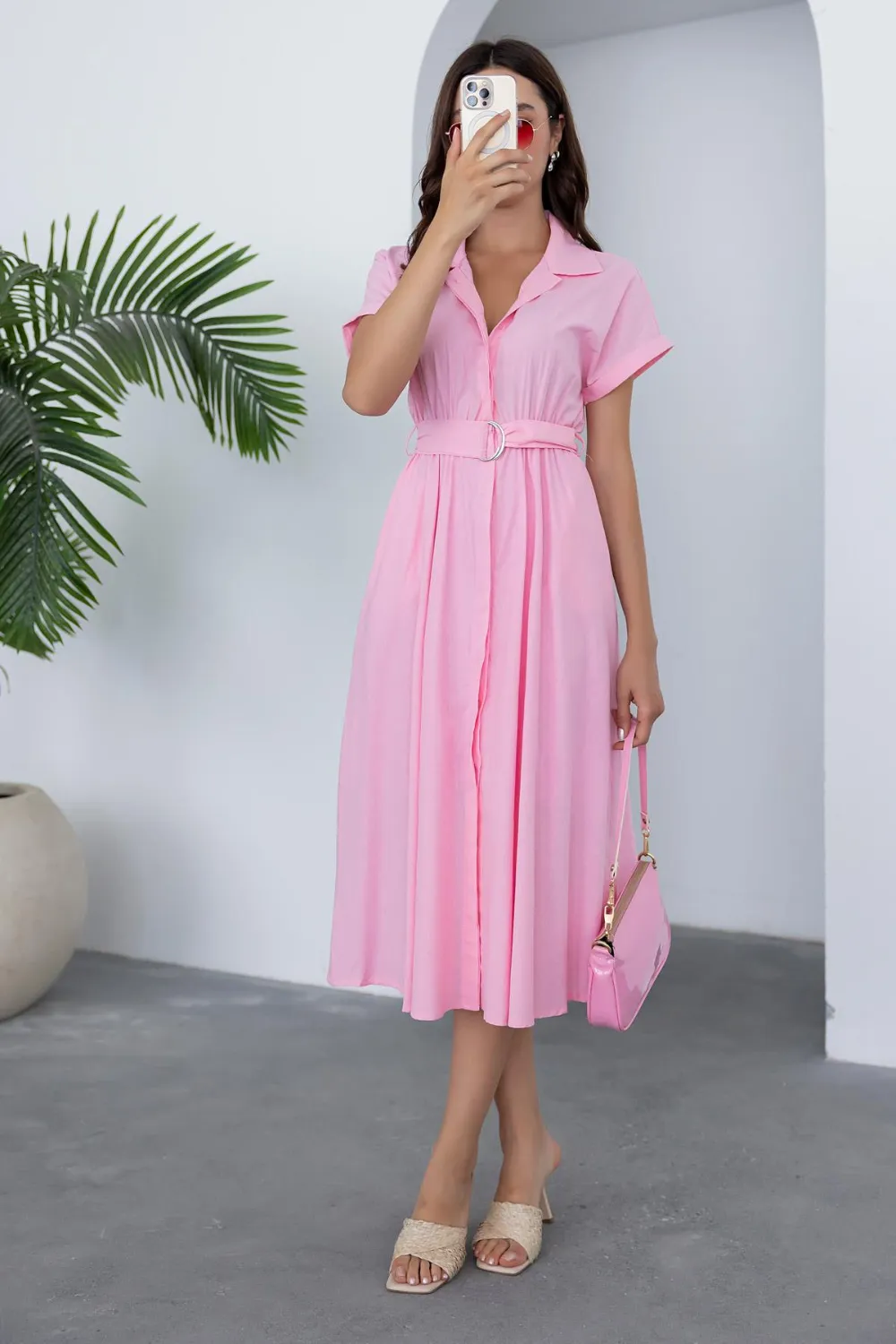 Düğme Kapamalı Midi Elbise - PEMBE