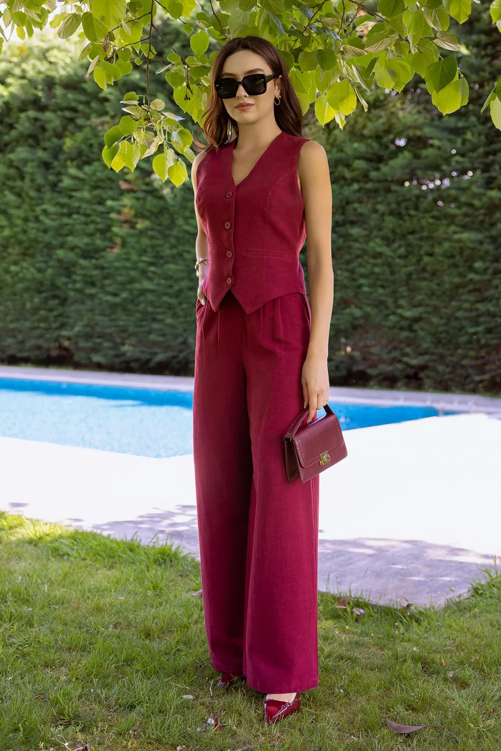 Yelekli Keten Takım - BORDO
