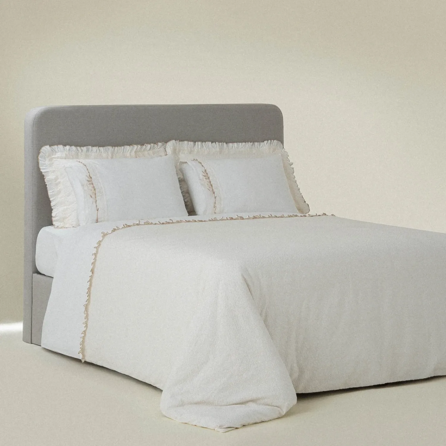 Flora Battal Boy Nevresim Takımı Organik Pamuk Keten Krem