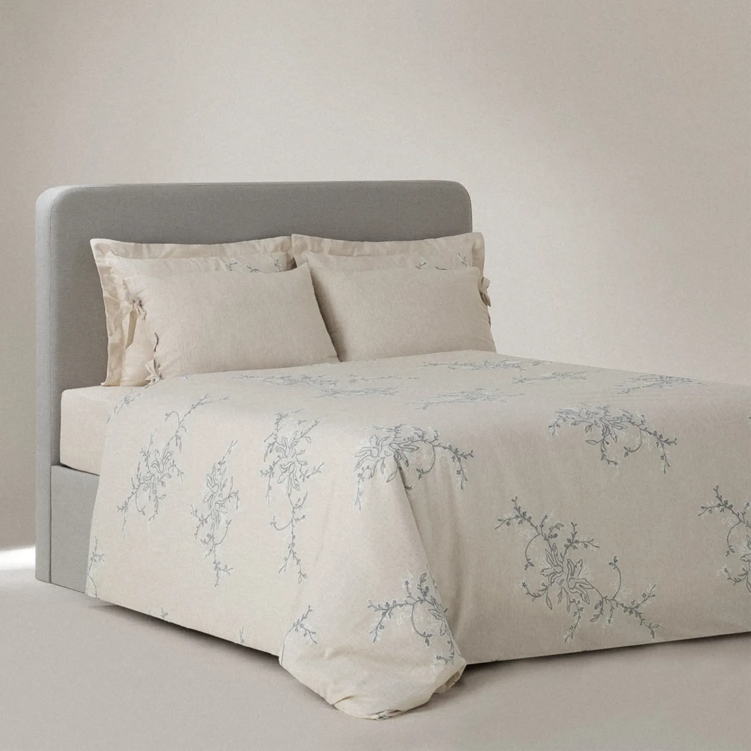 Libera Çift Kişilik Nevresim Takımı Organik Pamuk Keten Krem-Gri