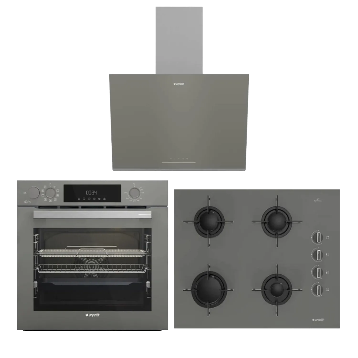 Arçelik Yeni Model Gri Buhar Destekli Cam Ankastre Set