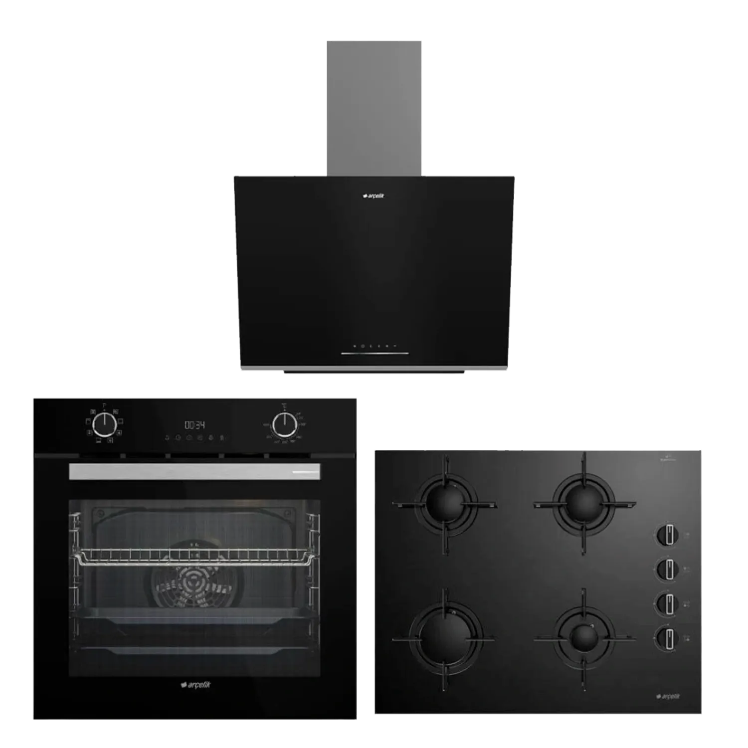 Arçelik Yeni Model Siyah Üçlü Cam Ankastre Set