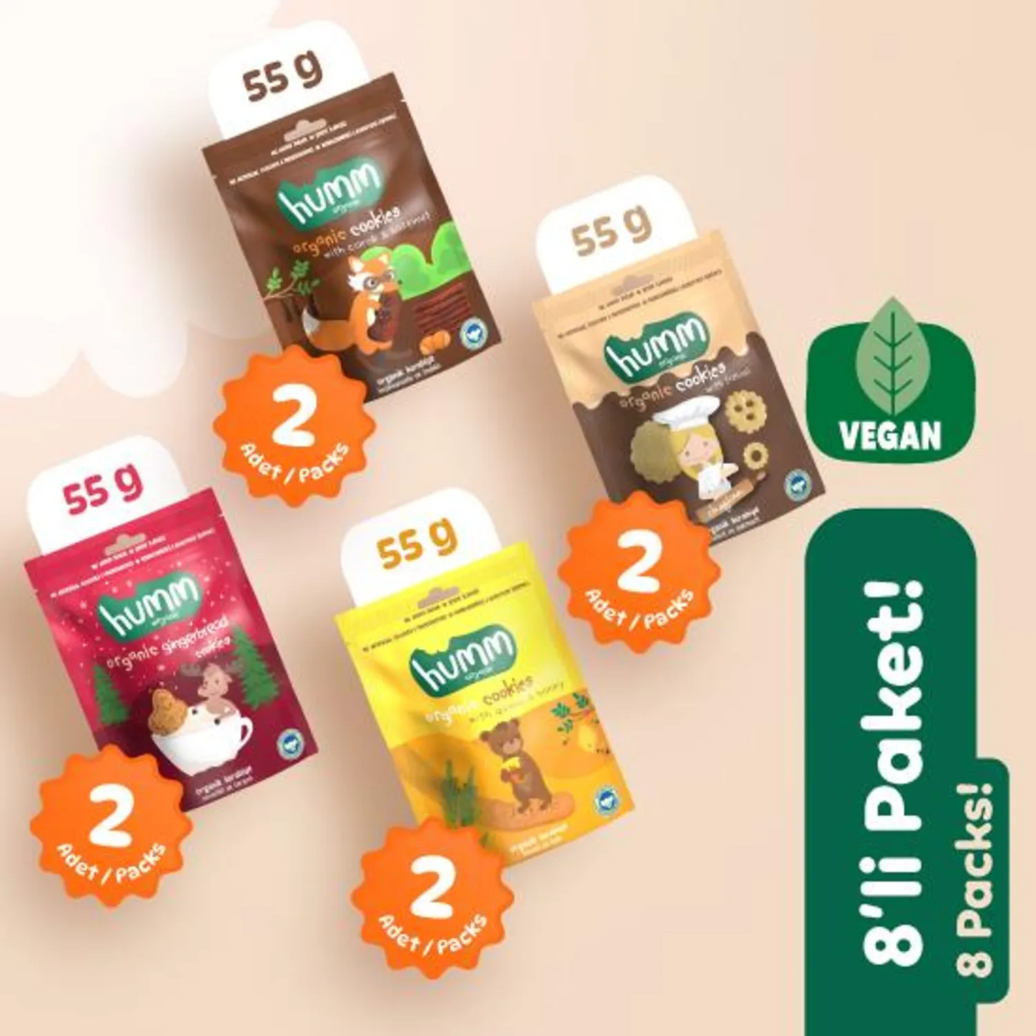 Organik Tatlı Kurabiye Atıştırmalık Paketi - 8 adet (4 çeşit)