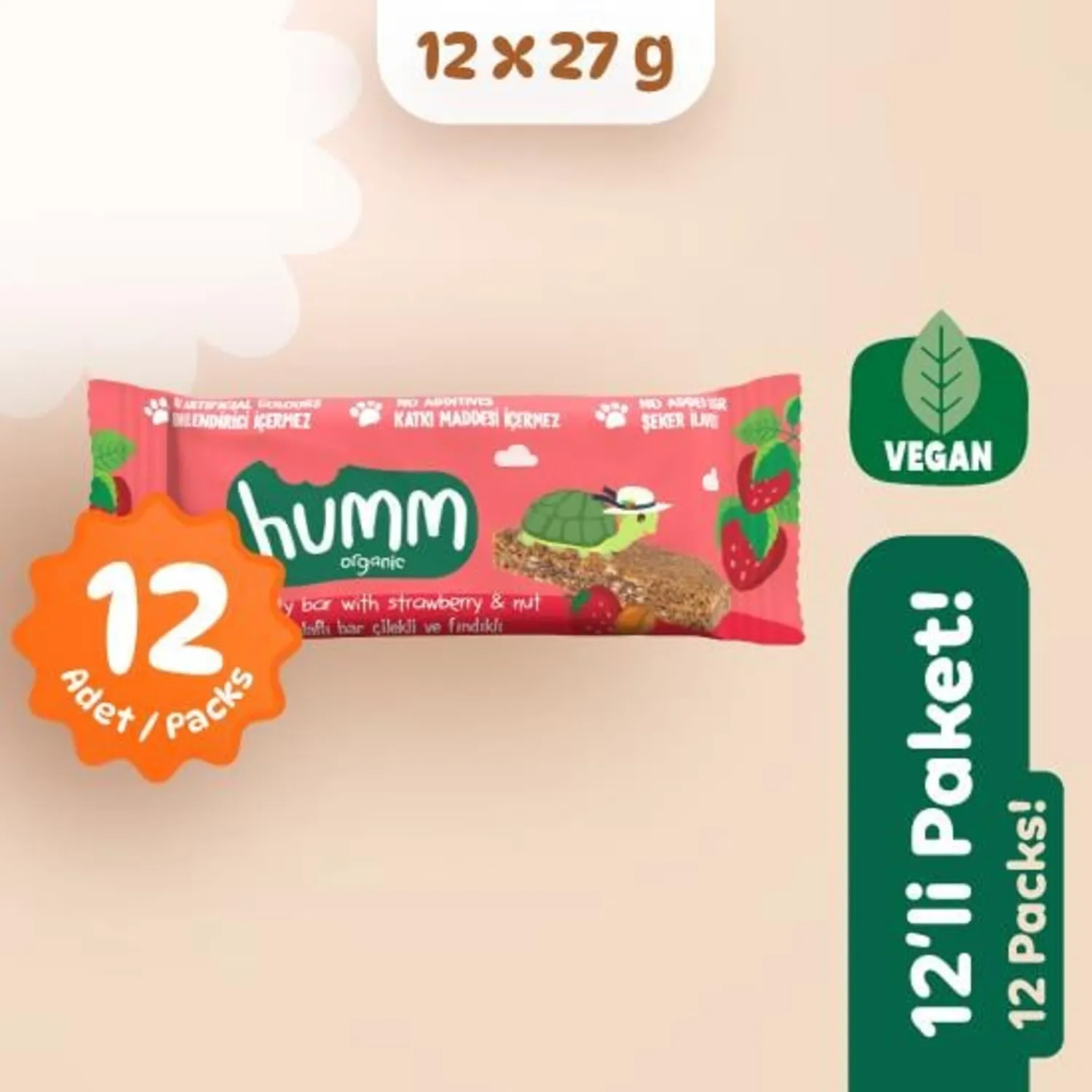 Organik Vegan Çilekli ve Fındıklı Yulaf Bar - 12 adet