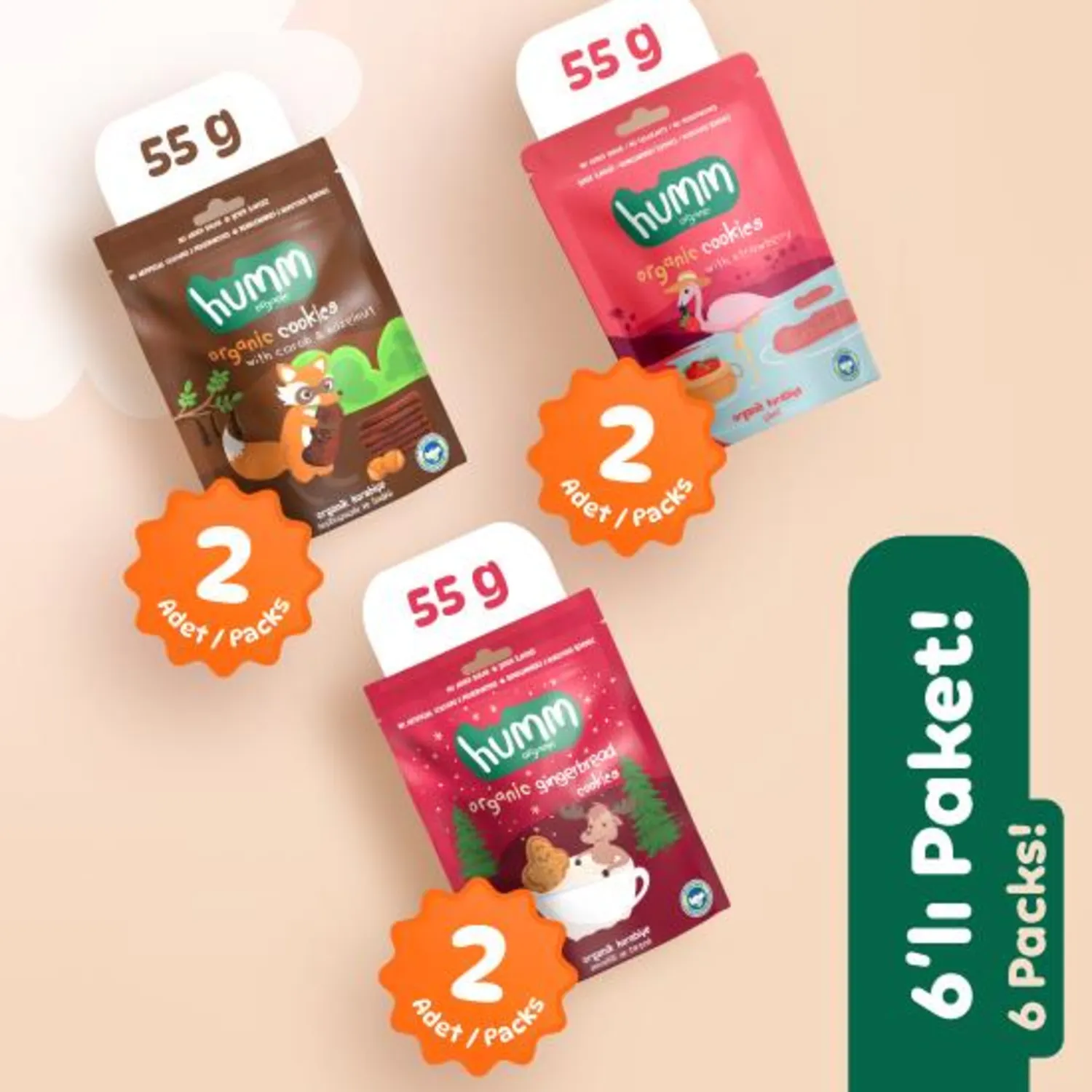 Organik Vegan Zencefilli Keçiboynuzlu ve Çilekli Tatlı Kurabiyeler Atıştırmalık Paketi - 6 adet (3 çeşit)