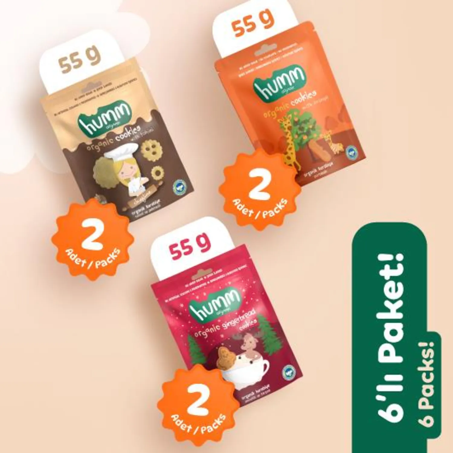 Organik Vegan Zencefilli Tahinli ve Portakallı Tatlı Kurabiyeler Atıştırmalık Paketi - 6 adet (3 çeşit)