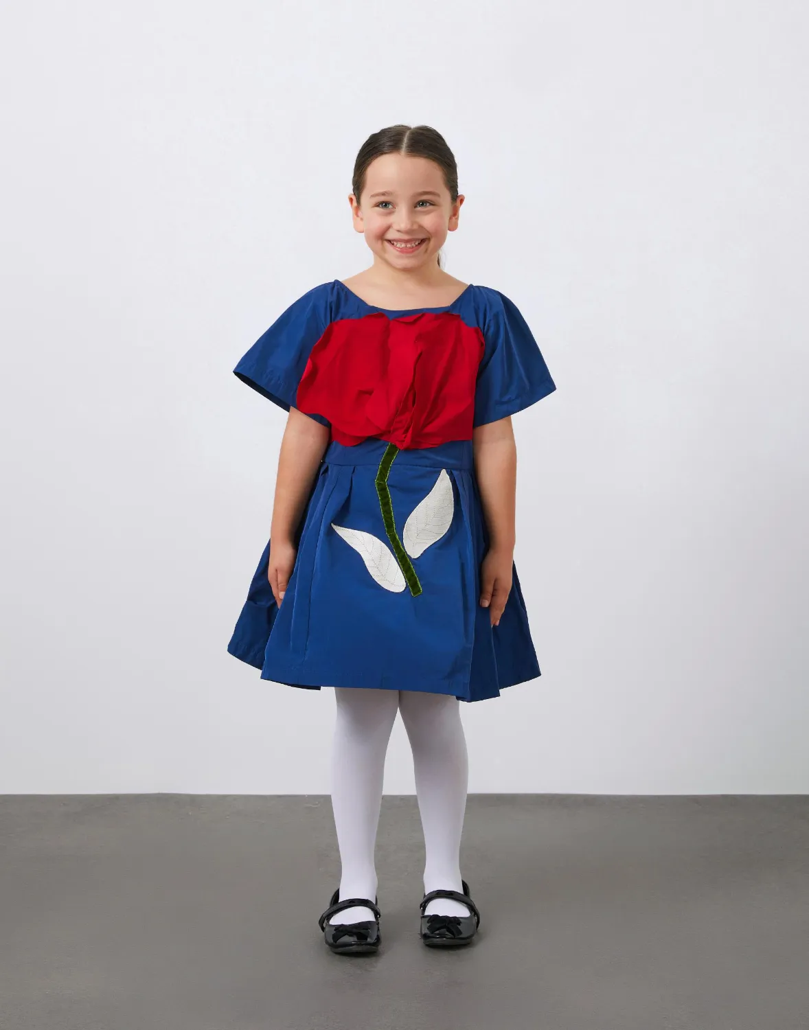 Çiçek Detaylı Mavi Tafta Elbise