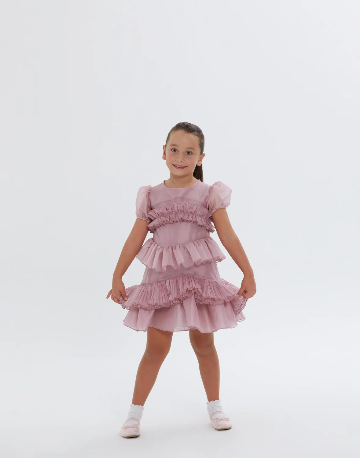 Fırfır Detaylı Kısa Kollu Pudra Mini Kız Çocuk Elbise