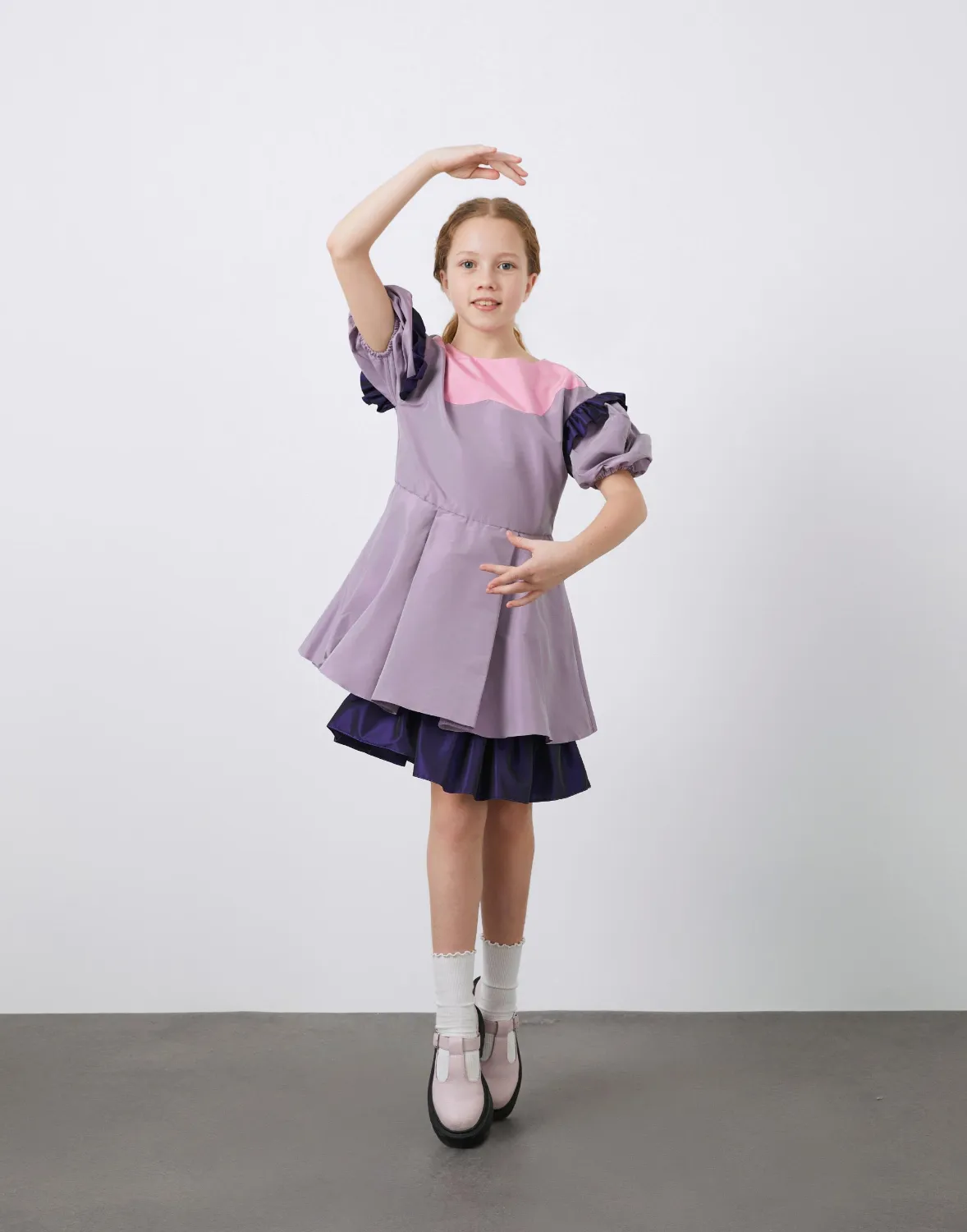 Fırfır Detaylı Kız Çocuk Mor Tafta Elbise