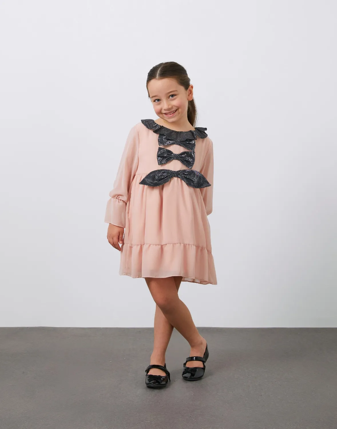 Fiyonk Detaylı Pembe Kız Çocuk Şifon Elbise