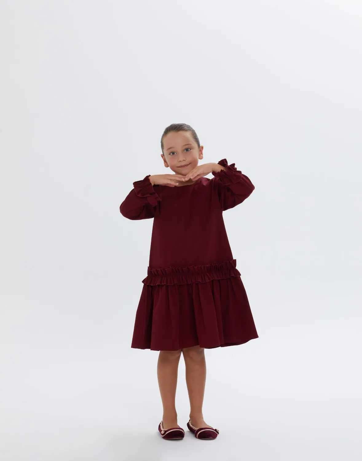 Kolları Ve Etek Kısmı Fırfır Detaylı Kırmızı Kız Çocuk Elbise