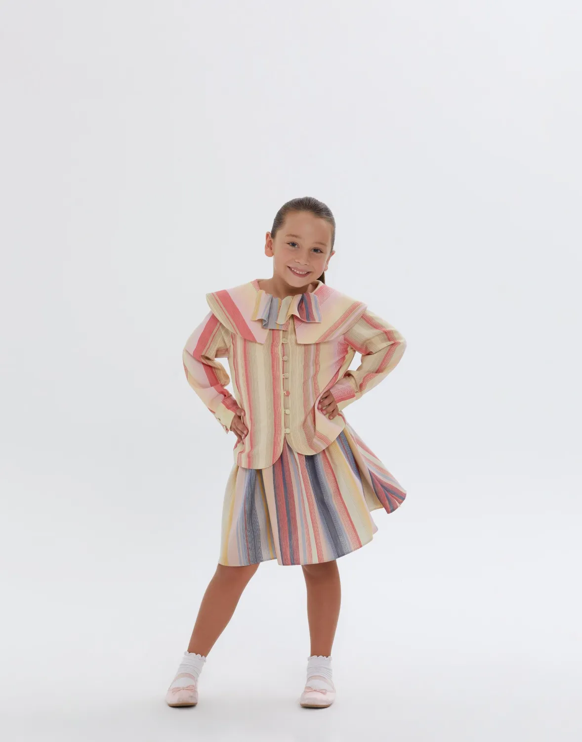 Önlük Yaka Çizgili Uzun Kollu Kız Çocuk Elbise