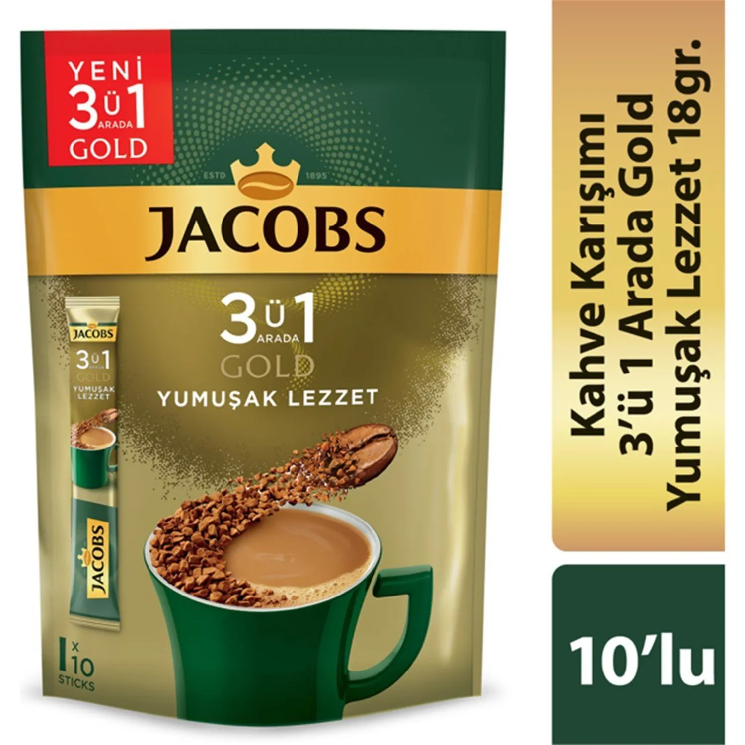 Jacobs 3'ü 1 Arada Gold Yumuşak Lezzet Kahve 180 gr 10'lu