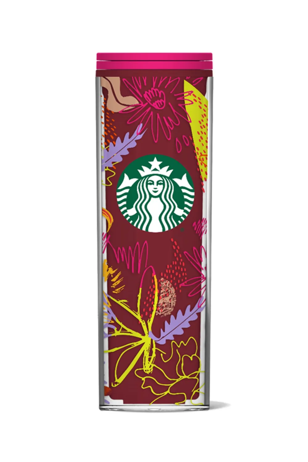 Starbucks® Çiçek Desenli Plastik Termos - Bordo - 473 ml - 11146105